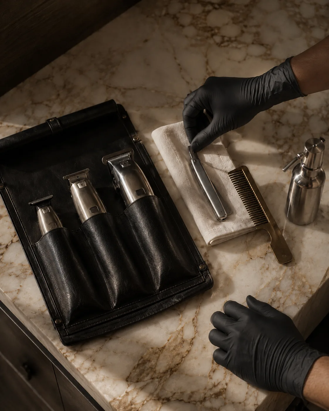 An open grooming kit on marble, clippers and comb laid out, a straight razor readied in gloved hands