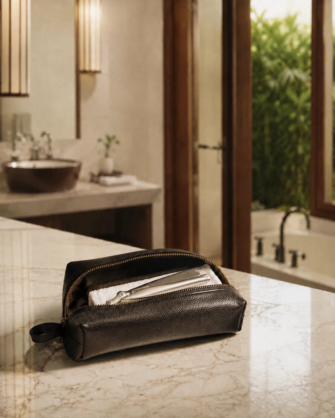 A leather grooming case on a marble bathroom counter